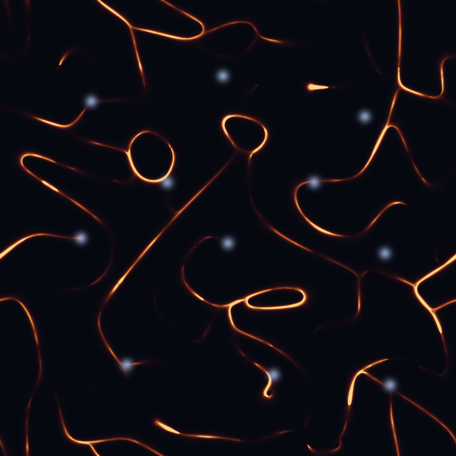 Physarum Cities — sparse orange filaments between glowing points