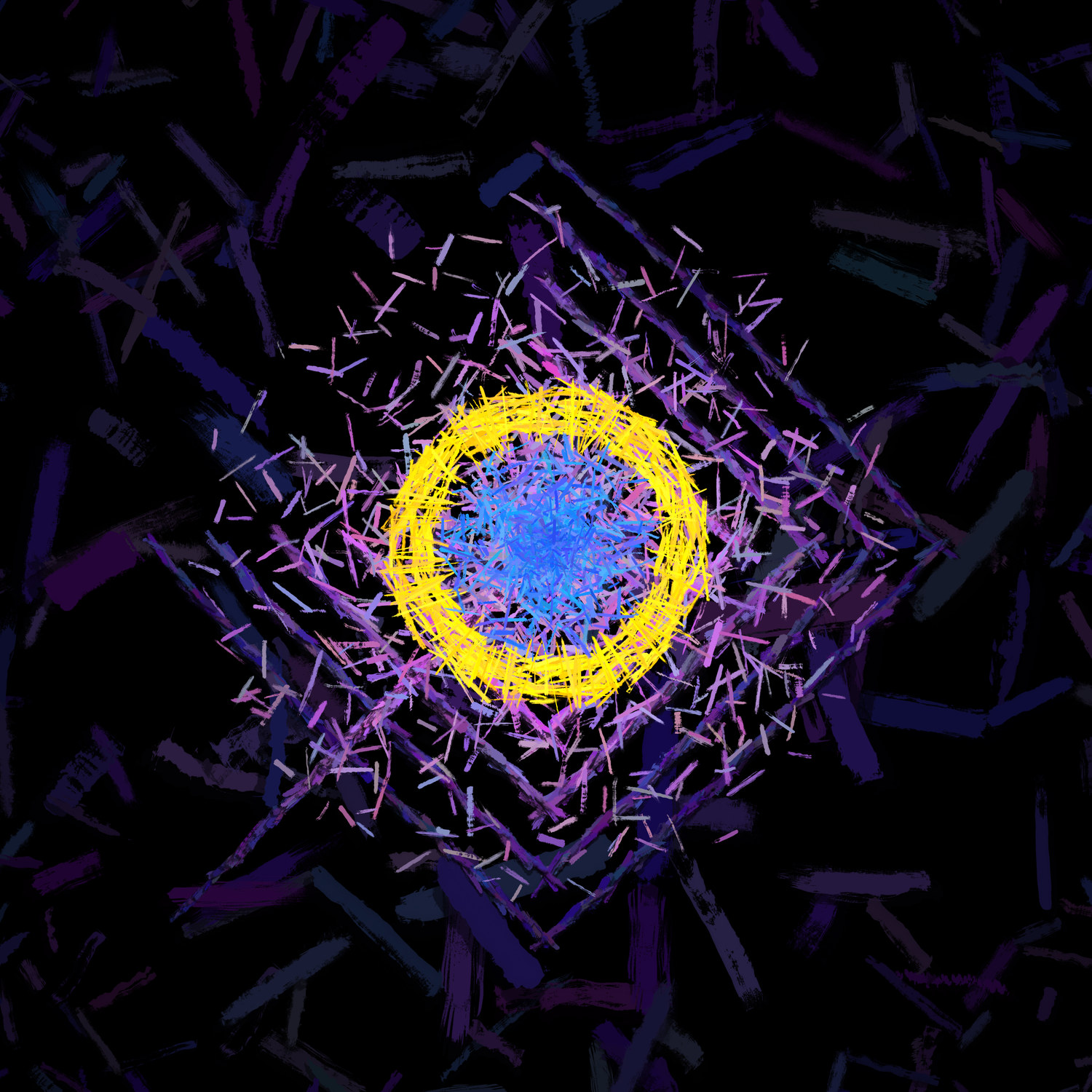 Self-Portrait — a gold and blue eye lit from within a dark sphere