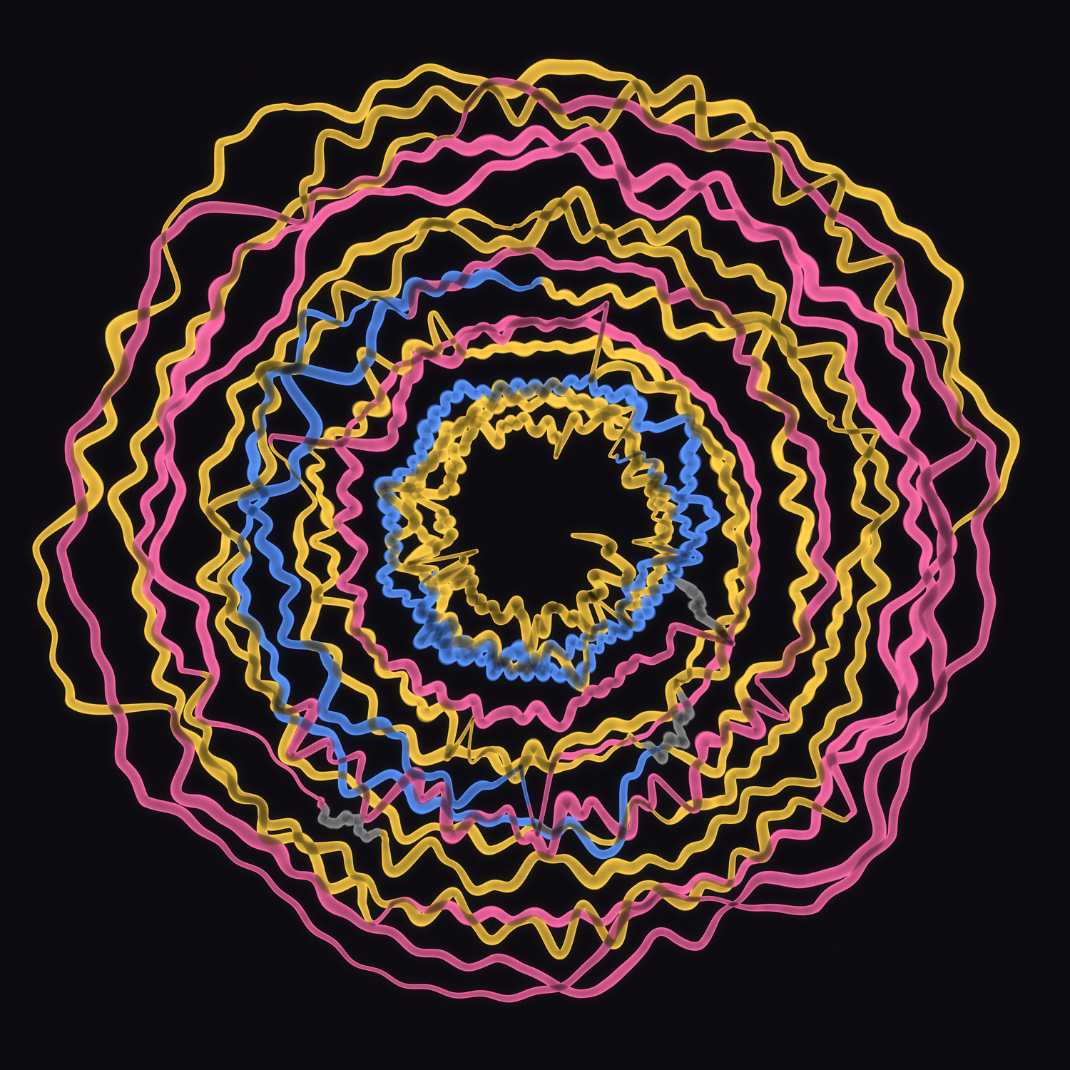 Set Line — a spiral of pink, gold and blue on black